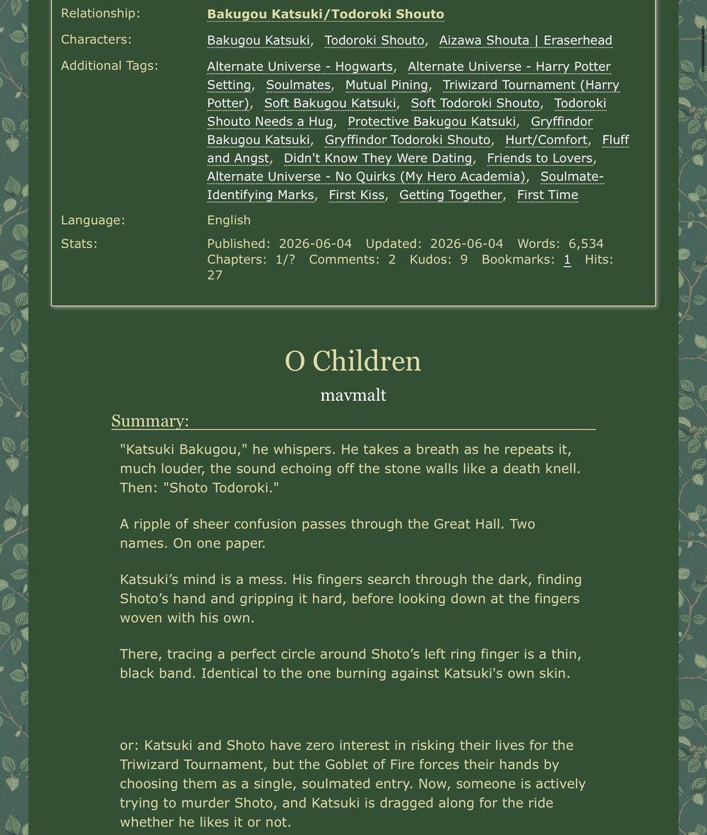 lemmedeleteffs's tweet photo. O Children by mavmalt on ao3 

❾¾ bktd
❾¾ Hogwarts AU
❾¾ Soulmates
❾¾ Triwizard Tournament 
❾¾ didn't know they were dating https://t.co/U9yE4X81b1