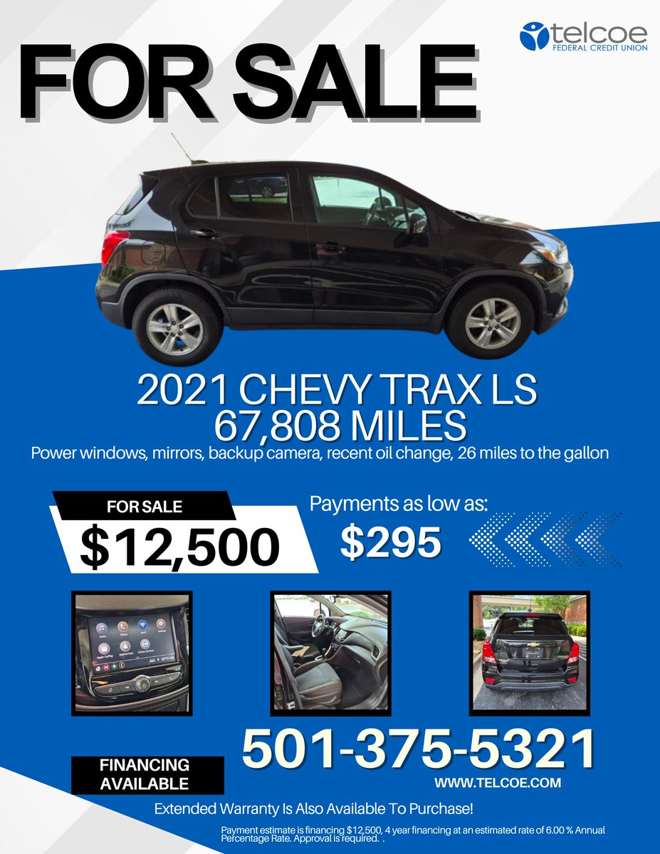 telcoefcu's tweet photo. Looking for a reliable SUV? Check out this 2021 Chevy Trax LS! Only $12,500. Call us at 501-375-5321 if you are interested!

✅ Great gas mileage
✅ Clean inside &amp; out
✅ Ready to drive https://t.co/0y5zWvGGBz