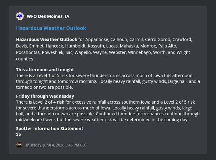 IowaWXNetwork's tweet photo. WFO Des Moines, IA issues Hazardous Weather Outlook for 23 counties https://t.co/QlUMDvOqX6 #iawx https://t.co/6tqm08JVZb