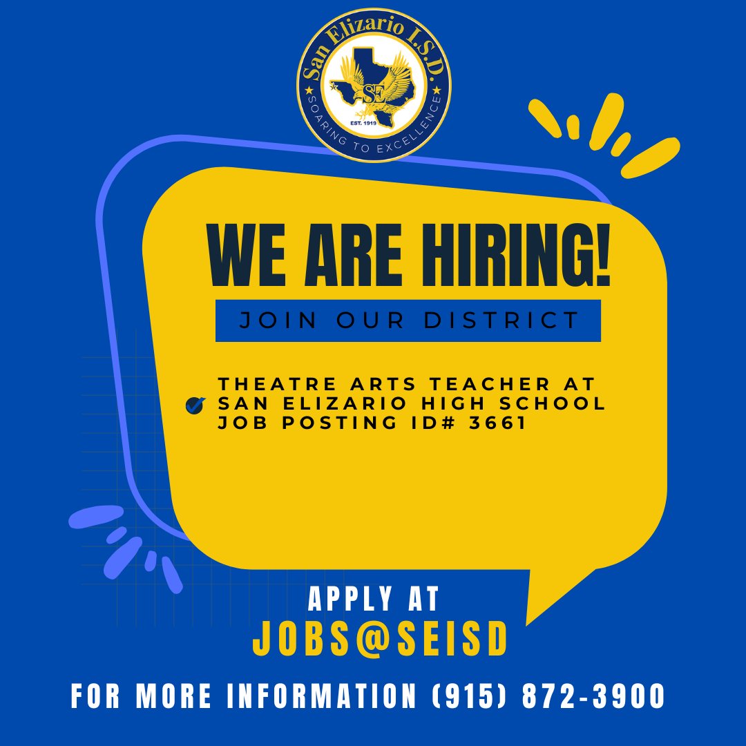 saneliisdHR's tweet photo. SEISD is Hiring: Theatre Arts Teacher 🎭
Do you want to help students discover their voice, build confidence and shine in the spotlight? 
💻Apply at JOBS@SEISD. 
🚩Job Posting ID# 3661
#WeAreSomosSanEli
@SanElizarioHS https://t.co/V5XfZPUkaN