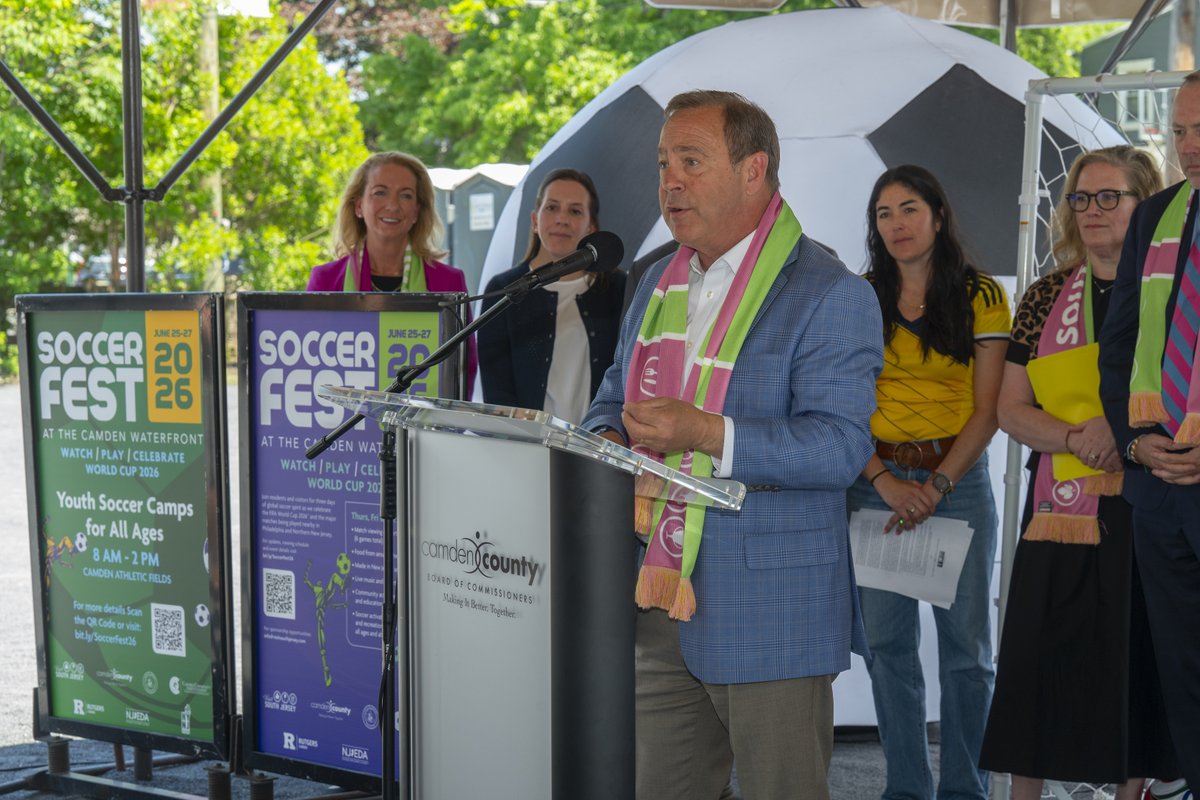 camdencountynj's tweet photo. The World Cup is coming to the Camden Waterfront!
Today, the Camden County Board of Commissioners joined Visit South Jersey, NJEDA, and state and local leaders to announce SoccerFest26, a FREE three-day celebration of global soccer, culture, food, and community during the FIFA World Cup 2026.

“SoccerFest26 will bring the energy of the World Cup directly to all corners of South Jersey and most importantly to the Camden Waterfront,” said Commissioner Director Louis Cappelli Jr. “The Camden Waterfront will host a 3-day festival and draw thousands of fans into our community, giving people the chance to experience the excitement of the World Cup without traveling far or spending an extraordinary amount of money on a ticket.”

Wiggins Waterfront Park, Camden
June 25–27, 2026
Noon–10 p.m. daily

Fans can enjoy:
Live screenings of 12 World Cup matches
International food and cultural experiences
Games, giveaways, and family-friendly activities
Free youth soccer clinics with Rutgers-Camden student-athletes and coaches
Local vendors and a SoccerFest Marketplace
South Jersey FlavorFest Wine & Beer Village

Plus, fan zones and activations will take place across South Jersey, including Haddon Heights, Haddon Township, Glassboro, Collingswood, Burlington City, and Haddonfield.

Whether you're a lifelong soccer fan or just looking to be part of the excitement, SoccerFest26 will bring the energy of the world's biggest sporting event right here to Camden County!

For more information, visit https://t.co/KjRo27IYe9