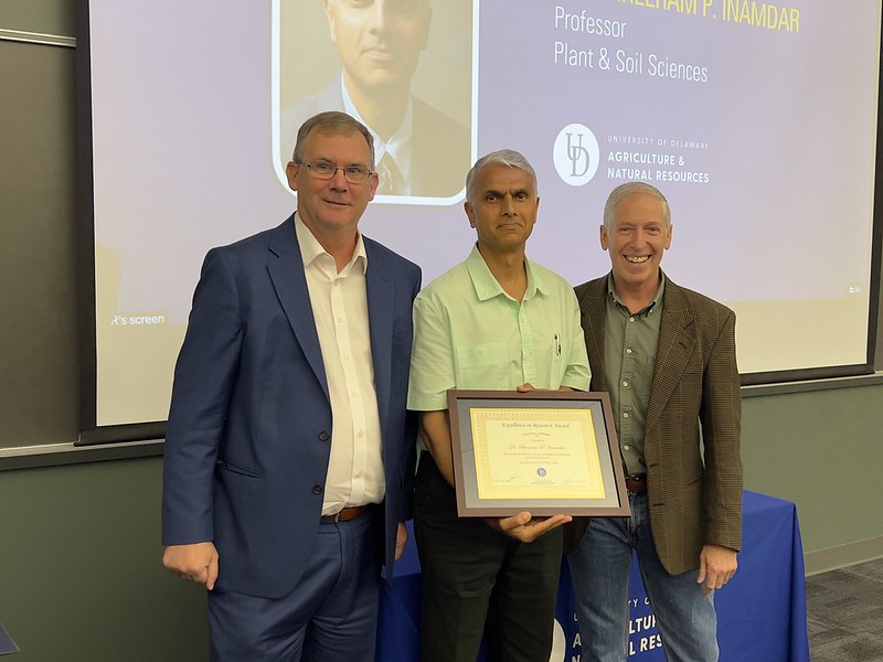 UDcanr's tweet photo. Congratulations to the 2026 @UDelaware College of Agriculture and Natural Resources Celebrating Excellence awardees: Shree Inamdar (Excellence in Research), Barbara Scott (Excellence in Service) and Mark VanGessel (Excellence in Extension)!

#UDel #Agriculture https://t.co/L9keub9ImG