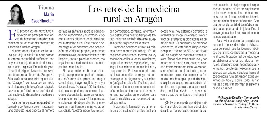 MissDisparates's tweet photo. Hoy se ha publicado mi tribuna en el periódico @_lacomarca.  Tengo un hueco entre el artículo editorial y el espacio donde escribe la gerente de atención primaria de mi comunidad. Espero haberlo aprovechado un poco bien. #medicinarural https://t.co/AsloUGTW2k
