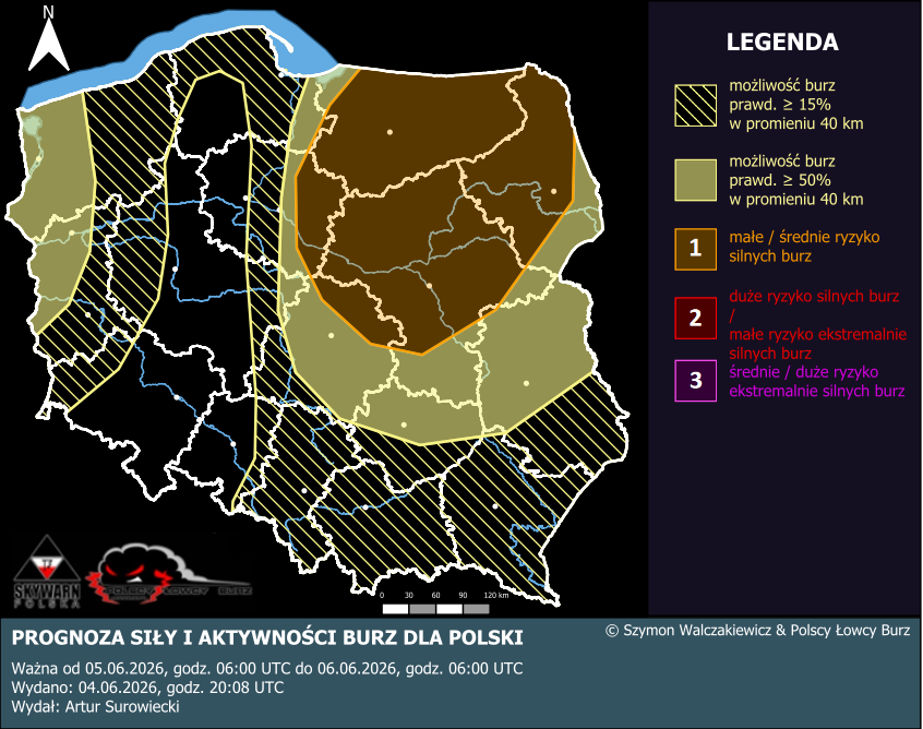 SkywarnPoland's tweet photo. W piątek w wielu regionach Polski pojawią się burze⚡️, które na północnym wschodzie i w centrum kraju mogą mieć dość gwałtowny przebieg. W prognozie konwekcyjnej uwzględniony został 1. stopień zagrożenia🚨⚠️.

W czasie burz mogą pojawić się następujące zjawiska współtowarzyszące:
➡️🌬️Silny wiatr, w porywach do 80-90 km/h, a punktowo w kilku przypadkach powyżej 100 km/h,
➡️⛈️ulewne opady deszczu, do 30-40 mm/h, a w superkomórkach nawet do 50 mm/h,
➡️⛈️duży grad o średnicy do 3,5 cm,
➡️🌪️w pasie obejmującym Warmię, Kujawy i znaczną część woj. mazowieckiego nie wyklucza się 1-2 trąb powietrznych o słabej lub umiarkowanej sile (do IF2).

Szczegóły prognozy: https://t.co/jJftLgoqfi