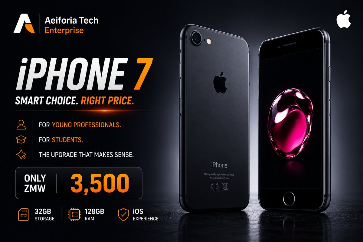 AeiforiaTech's tweet photo. POV: Your Apple era starts here.

📱 iPhone 7
💰 K3,500
🔓 Fully Unlocked assembled & sourced in California 🇺🇸 

Included with every purchase:

•Apple ID Setup
•WhatsApp Transfer
•Device Protection Plan
•30-Day Warranty
•After-Sales Support
•Future Upgrade Eligibility

More than a phone. An Apple experience.

DM "APPLE" to reserve yours. 

Or Click on the link to purchase or pre order: https://t.co/JCL4pbf7uN

#AeiforiaTech #AppleStarterEdition #iPhone7 #AppleEcosystem #Zambia