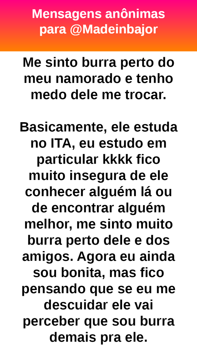 madeinbajor's tweet photo. Tá aí uma insegurança que eu tbm tenho.  Eu sempre penso que um dia Mozão me troca por alguém mais inteligente que eu.  #bajo41072 https://t.co/aTYYidkPae