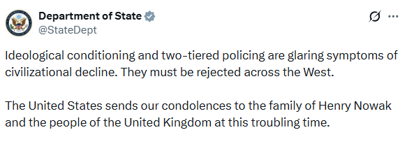 BasilTheGreat's tweet photo. 🚨NEWS: Trump Administration has offered condolences to Henry Nowak's family and called for unity across the west against two-tiered policing https://t.co/UuUkeAvXLr