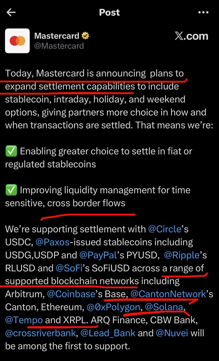 CDemanincor's tweet photo. “blockchain technology is ready for the world’s most critical payment infrastructure”

👇🏽

🚨 MASTERCARD JUST MADE THE DIGITAL ASSET NARRATIVE HARDER TO IGNORE

While most people are still debating whether blockchain technology has a future, the world's largest payment networks are already building settlement infrastructure around it.

Mastercard has officially announced plans to expand settlement capabilities beyond traditional banking hours, including stablecoin, intraday, holiday, and weekend settlement. 

More importantly, they specifically highlighted support for regulated stablecoins across blockchain networks including @CantonNetwork , @solana , and the XRPL

The largest payment companies on Earth is preparing for a future where value can move 24/7 across blockchain networks.
And the market is down during this announcement which shows so much disconnect in the valuation of these digital assets once announcements like this actually materialize into value at scale running through these networks 

🔹 Canton Network continues to position itself as a serious contender for institutional finance, attracting attention from banks, financial institutions, and regulated asset issuers focused on privacy and compliance.

🔹 Solana continues proving its ability to handle high-throughput payment and settlement activity at scale, making it an attractive network for real-world financial applications.

🔹 XRPL continues expanding its role in digital payments, tokenization, and regulated stablecoin infrastructure with RLUSD now being included among Mastercard's supported settlement options.

The biggest takeaway isn't that Mastercard picked a "winner."

The takeaway is that global payment giants are no longer asking if blockchain will be integrated into finance.
They're actively building for it.