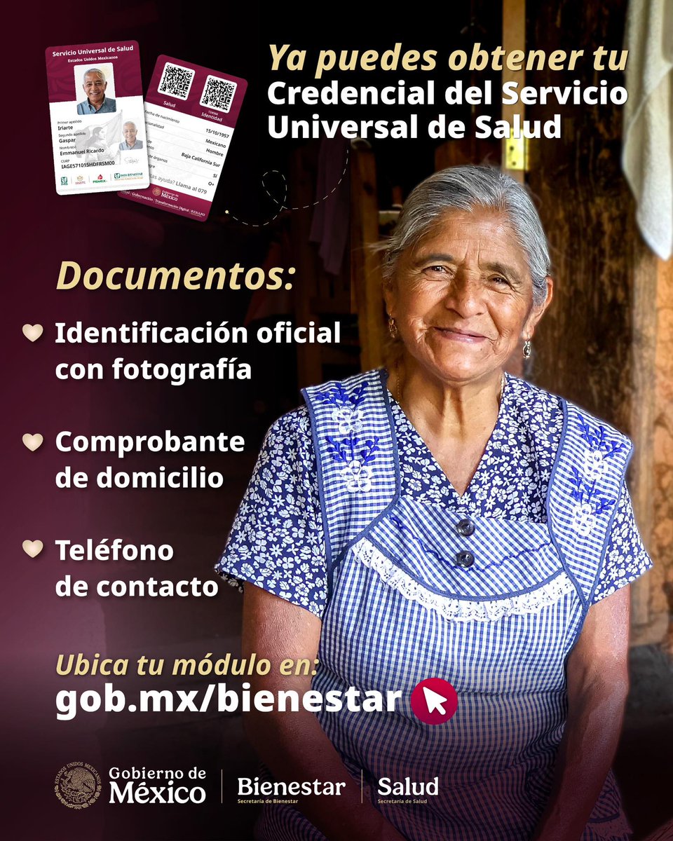 RodrigoAbdalaD's tweet photo. 📣 ¡Recuerda! Si eres derechohabiente de la Pensión Adulto Mayor y la Pensión de Discapacidad, ya puedes tramitar tu credencial del Servicio Universal de Salud.

En el estado de #Puebla ya están instalados 221 módulos de atención. La meta estatal es atender a un universo total de casi 738 mil derechohabientes.

📍Ubica tu #MóduloBienestar en: https://t.co/x2y4iy7nlN

El horario de atención es de lunes a sábado en un horario de 09:00 a 18:00 horas.

@BienestarMx_Pue