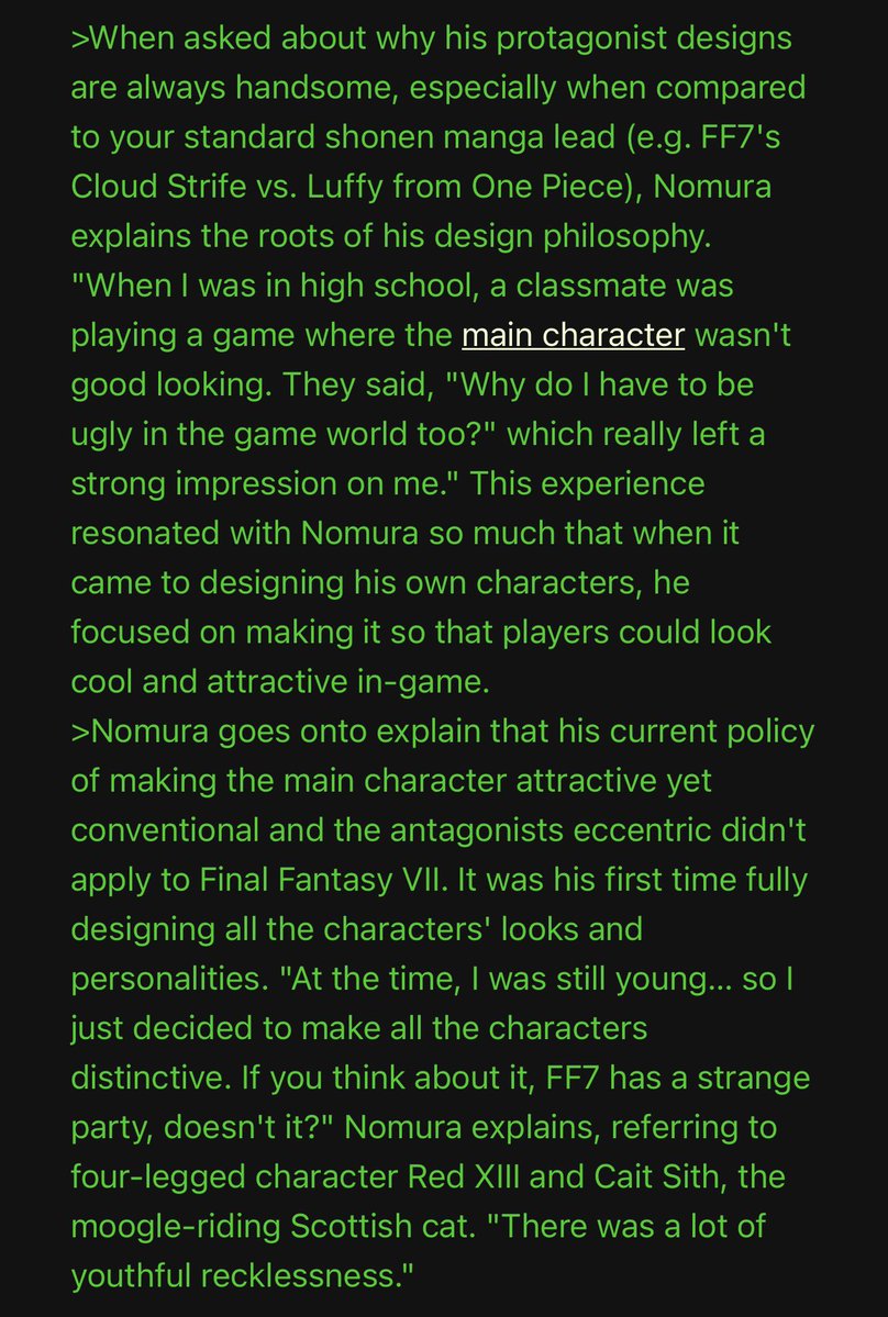TGummiphone's tweet photo. Side characters don’t have to be. Lead characters should be attractive and thrilling. Designing attractive characters is a very important thing for a game’s appeal.

There’s a reason why we Kingdom Hearts and Final Fantasy fans dick ride Nomura. It’s because at this point he’s on record explaining exactly why he always makes his lead characters attractive.