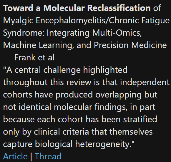 TomKindlon's tweet photo. Toward a Molecular Reclassification of Myalgic Encephalomyelitis/Chronic Fatigue Syndrome: Integrating Multi-Omics, Machine Learning, and Precision Medicine

https://t.co/I4izwrh0ga

Screenshot from Science for ME weekly update

#MEcfs #CFS https://t.co/XDE9oMGZpy