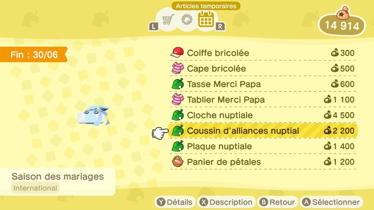 ACNHNews's tweet photo. 🏝 Jusqu'au 30/06, pour la saison des mariages, tu peux commander une cloche nuptiale, un coussin d'alliances nuptial, une plaque nuptiale et un panier de pétales ! https://t.co/Po6bQGyOHA