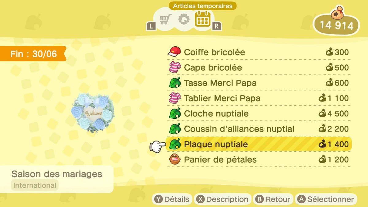 ACNHNews's tweet photo. 🏝 Jusqu'au 30/06, pour la saison des mariages, tu peux commander une cloche nuptiale, un coussin d'alliances nuptial, une plaque nuptiale et un panier de pétales ! https://t.co/Po6bQGyOHA