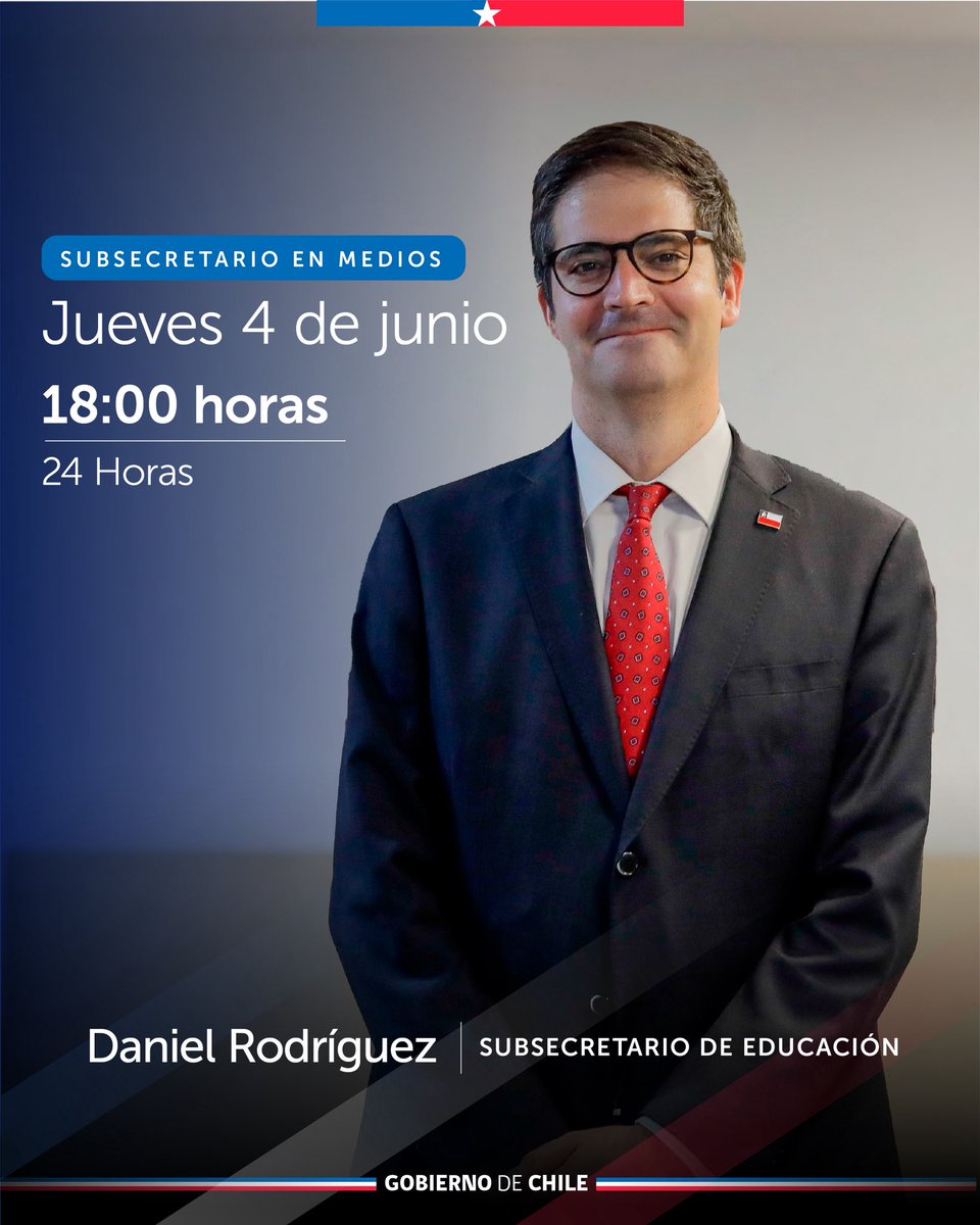 subeduc's tweet photo. El subsecretario de Educación, Daniel Rodríguez, estará en @24HorasTVN para abordar la contingencia nacional en educación.

🕒 18:00 horas
🔗 https://t.co/8Aqwugmddq https://t.co/XRDd8N5GCi