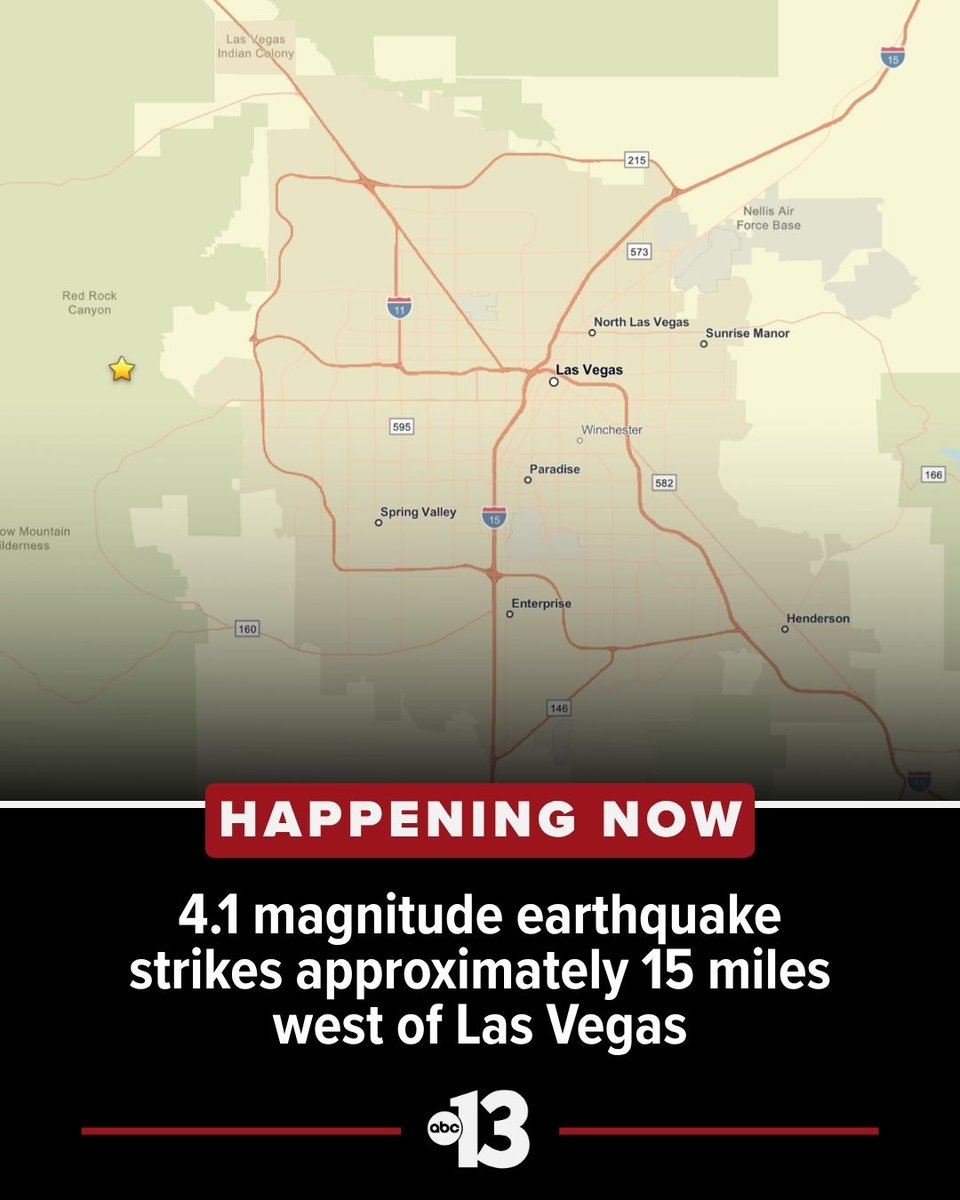 KTNV's tweet photo. DID YOU FEEL IT? A 4.1 magnitude earthquake was reported approximately 15 miles west of Las Vegas. https://t.co/O5TXDnOyoB