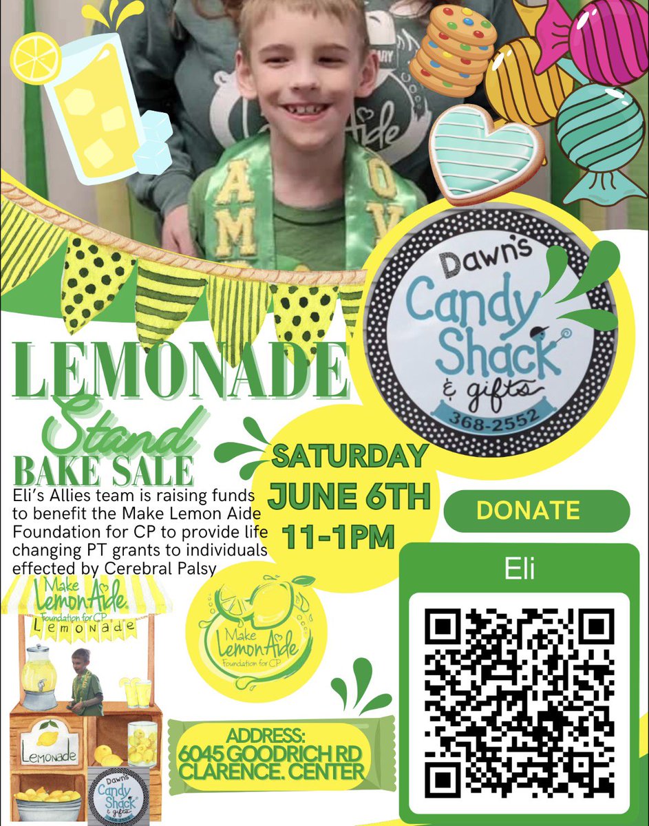 ClarCtrElem's tweet photo. Lemonade &amp; bake sale to support Eli &amp; the Make Lemon Aide Foundation for CP this Saturday 11-1 @ Dawn’s Candy Shack! #ClarenceProud https://t.co/MyXa5ErJpE