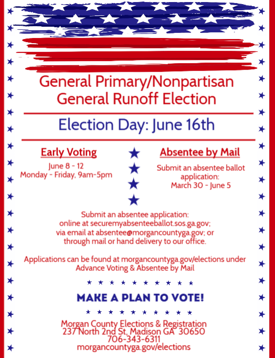 MorganCoVotes's tweet photo. Reminder: Friday, June 5th is the deadline to submit an absentee ballot by mail application for the June 16th General Primary Runoff.

Early voting starts on Monday, June 8th!

#MorganVotes
#MakeAPlanToVote https://t.co/bVRMVfbK2P