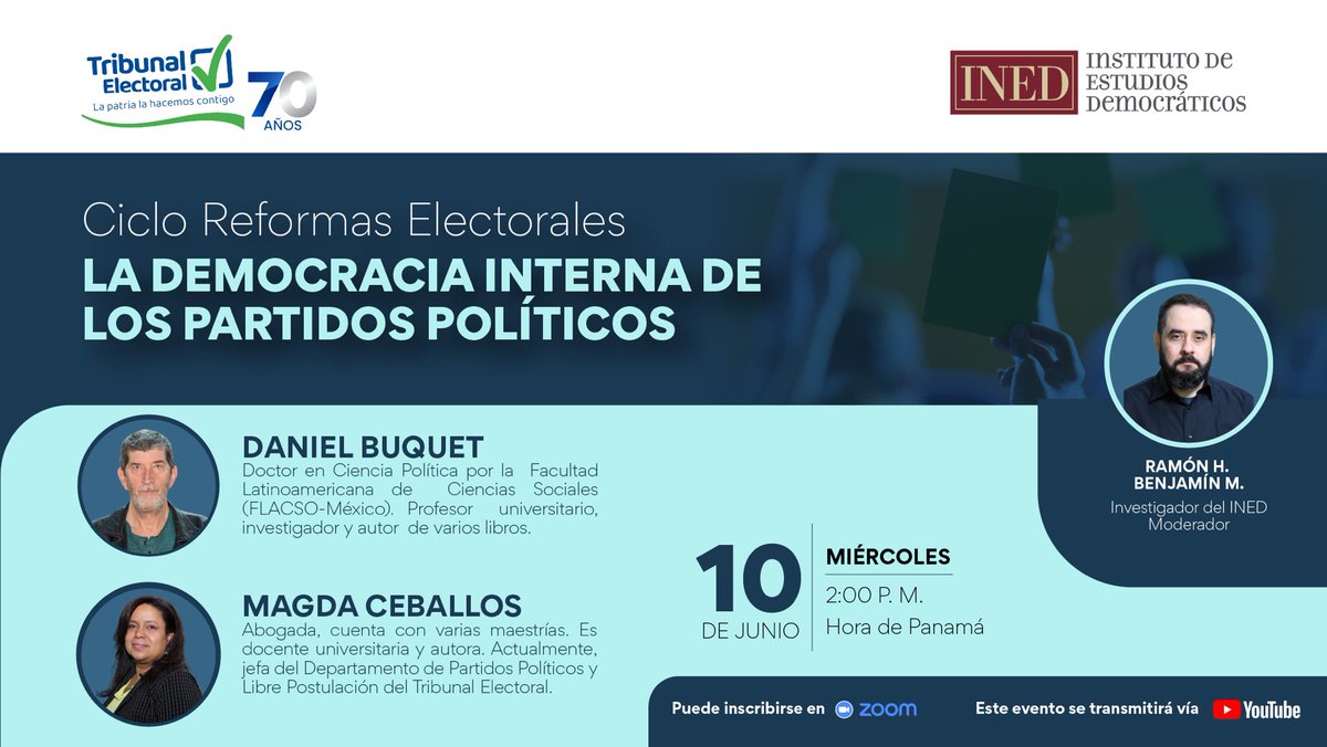 SSanchezPanama's tweet photo. Webinario. LA DEMOCRACIA INTERNA DE LOS PARTIDOS POLÍTICOS. Por el INED del Tribunal Electoral. Con Daniel Buquet (Uruguay) y Magda Ceballos (Panamá). Miércoles 10 de junio, 2:00 PM (hora de Panamá). En:
Zoom: https://t.co/Sw7cLg3g30
Youtube: https://t.co/2jpokLtBHd https://t.co/ER0NNPUa2C