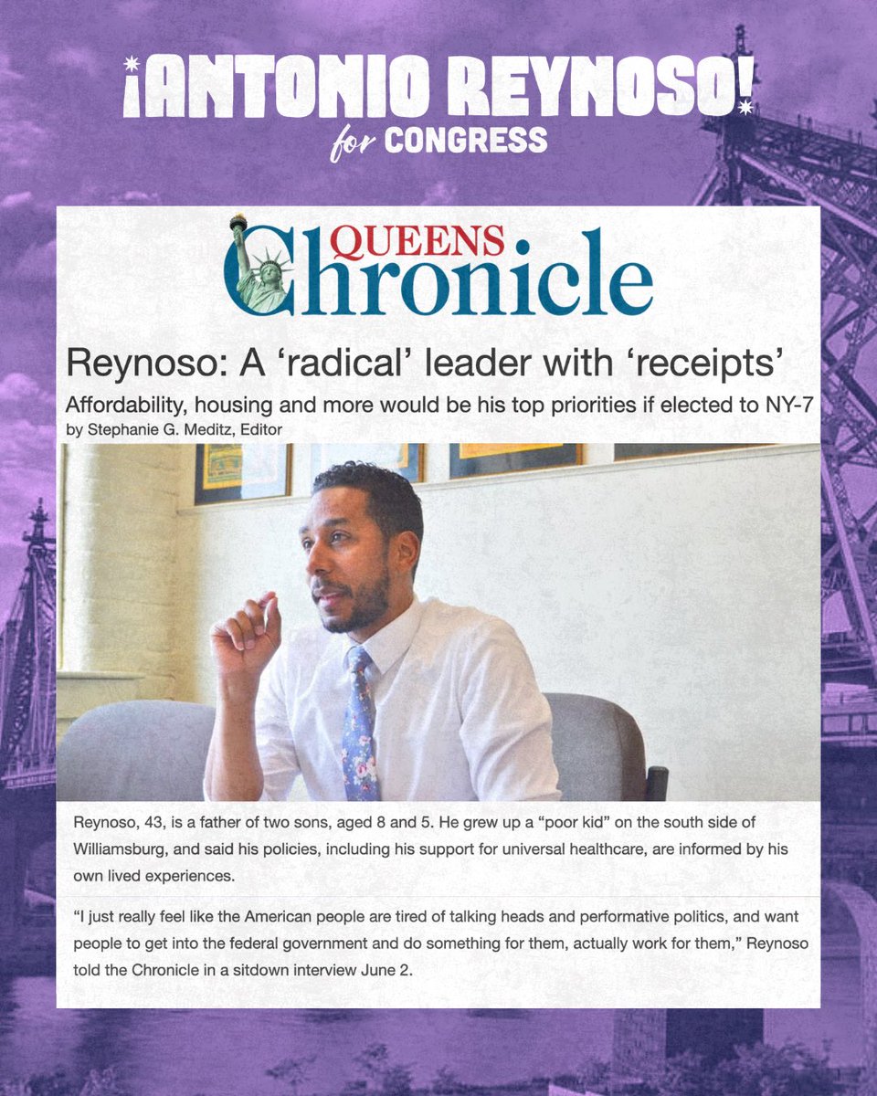 ReynosoBrooklyn's tweet photo. It was great to chat with the Queens Chronicle about my record and vision for NY-7! Thanks so much for having me! https://t.co/ZSSEncAGvv