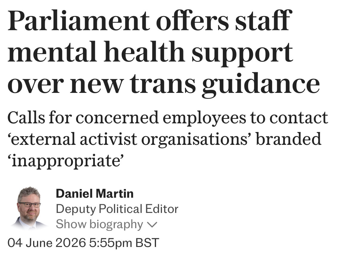 JournalismSEEN's tweet photo. Gift 🎁 link 

‘House of Commons staff have been advised to contact trans activist groups and mental health workers for support if they are upset by official guidance protecting women’s right to single-sex spaces’

‘An email sent to all Commons staff called the new advice a “challenging and sensitive issue” and provided links to “external sources of support”, including a group which opposes the new guidance’

By @Daniel_J_Martin in @Telegraph 

https://t.co/hkfQFvpMjA