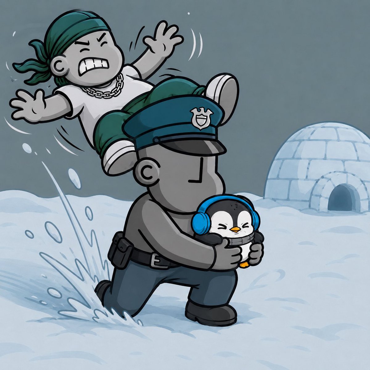 NPCpoliceman's tweet photo. @theNPCbully @thunderxdxd @npconchain @opensea Received a complaint from Antarctica of a bully traumatizing little pingu, no problem on my way https://t.co/6VxmDmwJrG