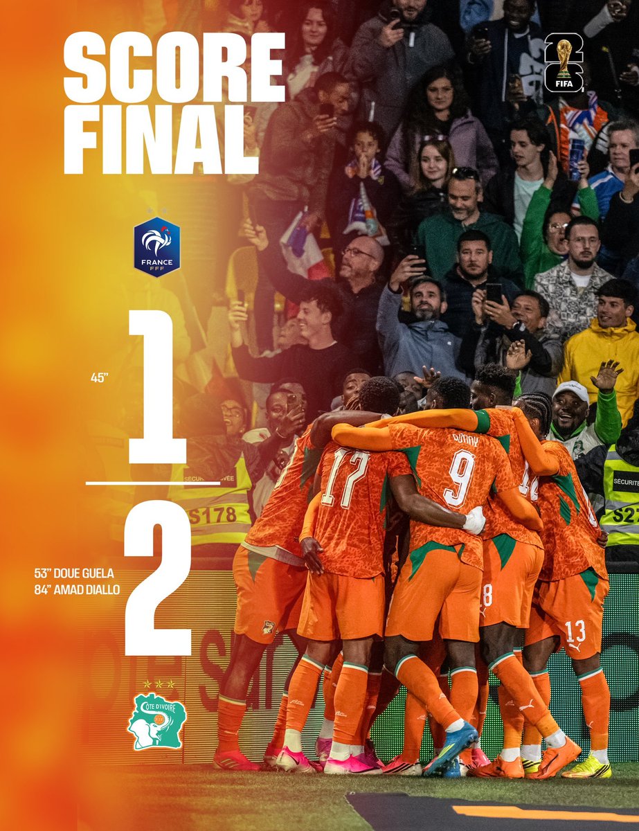 7ASRI_SPORTS's tweet photo. منتخب #ساحل_العاج 🇨🇮 يهزم وصيف المونديال الماضي منتخب #فرنسا 🇫🇷 بنتيجة ( 2-1 ) على ملعب لا بوجوار بمدينة نانت ، ضمن استعدادات المُنتخبان لـ #كأس_العالم_2026 . https://t.co/GGf2SP8nVz