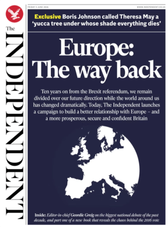 AlexTaylorNews's tweet photo. "L'Europe, le chemin du retour ..."

La une du Independent de demain 👇
Le Brexit, 10 ans après https://t.co/p7zJXqZuH5