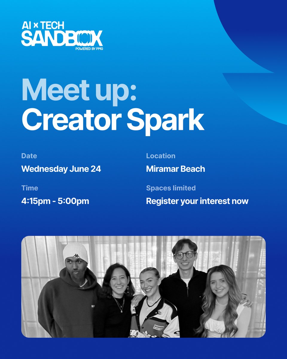 ai_tech_sandbox's tweet photo. Creator Spark is coming to the AI &amp; Tech Sandbox ✨

A curated matchmaking experience connecting creators and brand marketers through Q&amp;As, networking, and creative ideation.

Spaces limited: https://t.co/TWyUd9Hn52 https://t.co/EPLdLrQoPU