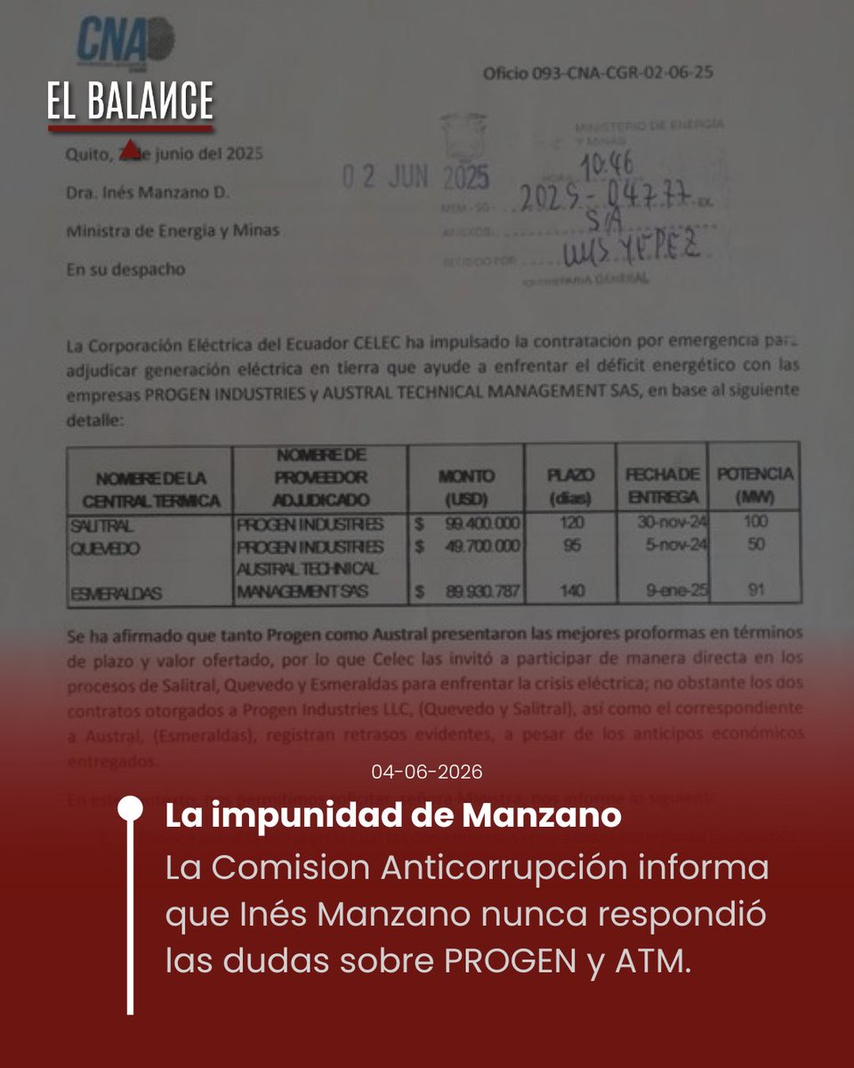ElBalance_EC's tweet photo. MANZANO NO RESPONDIÓ JAMÁS

La @CNACEcuador dio a conocer que la exministra @inesmanzano no contestó la comunicación enviada por ellos el 2 de junio de 2025, en relación a los contratos con Progen y Austral.

"Hoy se entiende su silencio cómplice. La denuncia expuesta por la CNA, en el 2024,  exige sanción a todos los implicados en este atraco al país", señaló.

Reporta: @alvatin18 

#SomosElBalance
#PeriodismoIndependiente