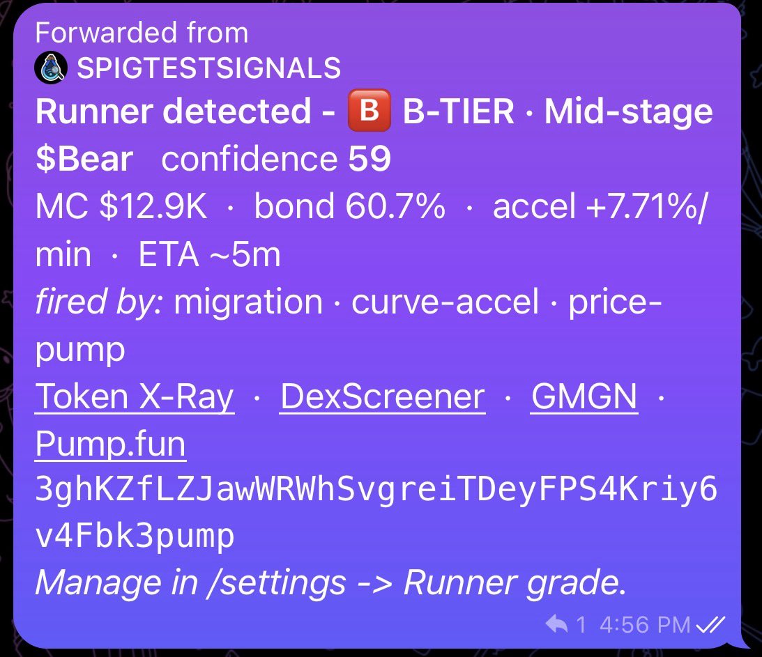 SplashSignal's tweet photo. RUNNERS REPORT: 24 Hour Recap💧

As most of you know, we've been improving our Runner logic these past couple days, and we're not done yet. The goal stays the same: catch them earlier, cut the noise, and only fire when the setup is real.
Here are some of the Runners our signals flagged in just the last 24 hours, with where we called them and where they topped out:

Heart-Chan, called at ~$17.6K, ATH ~$312K. ~17.7x
GZDfz8uSH9KTpCUSvNffiRdoM1PKd4SWgb72B9Avpump
BRAH, called at ~$17.3K, ATH ~$191K. ~11x
HFheuR3XhY7NuYBRQXBhhtHt31PR8gAQ5gdaS5cqpump
BORK, called at ~$19.5K, ATH ~$147K. ~7.5x
J6UVkdPVe4cbd6qGJHdoacMa7zvN3tiaordcyZRspump
Bear, called at ~$12.9K, ATH ~$88K. ~6.8x
3ghKZfLZJawWRWhSvgreiTDeyFPS4Kriy6v4Fbk3pump
WAND, called at ~$19.1K, ATH ~$121K. ~6.3x
GPtCfu9VciaW6CTR7MNT2BAK5zSuD2jPiSPxLUGrpump
Nong Yan, called at ~$18.5K, ATH ~$110K. ~5.9x
3ooAahNToKYqPicvJ2npU6uyWvoqJEhHptq6wBC6pump

Every one flagged under $20K market cap. Runners are fast and not every one runs, so take profits and size sensibly. More upgrades shipping soon.