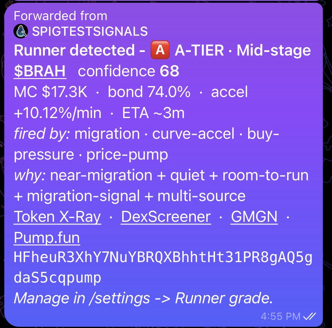SplashSignal's tweet photo. RUNNERS REPORT: 24 Hour Recap💧

As most of you know, we've been improving our Runner logic these past couple days, and we're not done yet. The goal stays the same: catch them earlier, cut the noise, and only fire when the setup is real.
Here are some of the Runners our signals flagged in just the last 24 hours, with where we called them and where they topped out:

Heart-Chan, called at ~$17.6K, ATH ~$312K. ~17.7x
GZDfz8uSH9KTpCUSvNffiRdoM1PKd4SWgb72B9Avpump
BRAH, called at ~$17.3K, ATH ~$191K. ~11x
HFheuR3XhY7NuYBRQXBhhtHt31PR8gAQ5gdaS5cqpump
BORK, called at ~$19.5K, ATH ~$147K. ~7.5x
J6UVkdPVe4cbd6qGJHdoacMa7zvN3tiaordcyZRspump
Bear, called at ~$12.9K, ATH ~$88K. ~6.8x
3ghKZfLZJawWRWhSvgreiTDeyFPS4Kriy6v4Fbk3pump
WAND, called at ~$19.1K, ATH ~$121K. ~6.3x
GPtCfu9VciaW6CTR7MNT2BAK5zSuD2jPiSPxLUGrpump
Nong Yan, called at ~$18.5K, ATH ~$110K. ~5.9x
3ooAahNToKYqPicvJ2npU6uyWvoqJEhHptq6wBC6pump

Every one flagged under $20K market cap. Runners are fast and not every one runs, so take profits and size sensibly. More upgrades shipping soon.