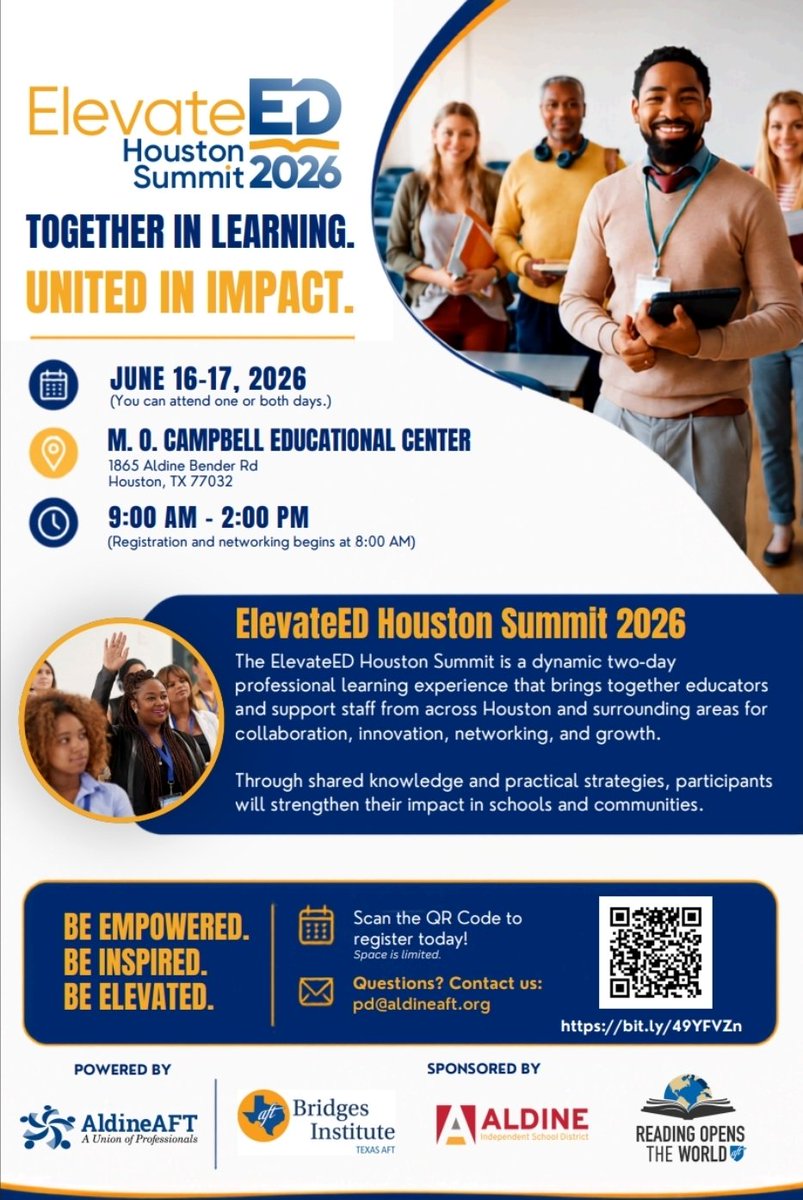 IngridCastelo87's tweet photo. Join us for the FREE ElevatED Professional Learning Conference on June 16–17 from 9:00 AM – 2:00 PM @ MO Campbell! This event is open to all Houston-area educators and instructional aides.

📌 Register today: https://t.co/2TVIyexMOV

@Vardeman_AISD @AldineISD @AldineAFT6345 https://t.co/wleHaDlz6X