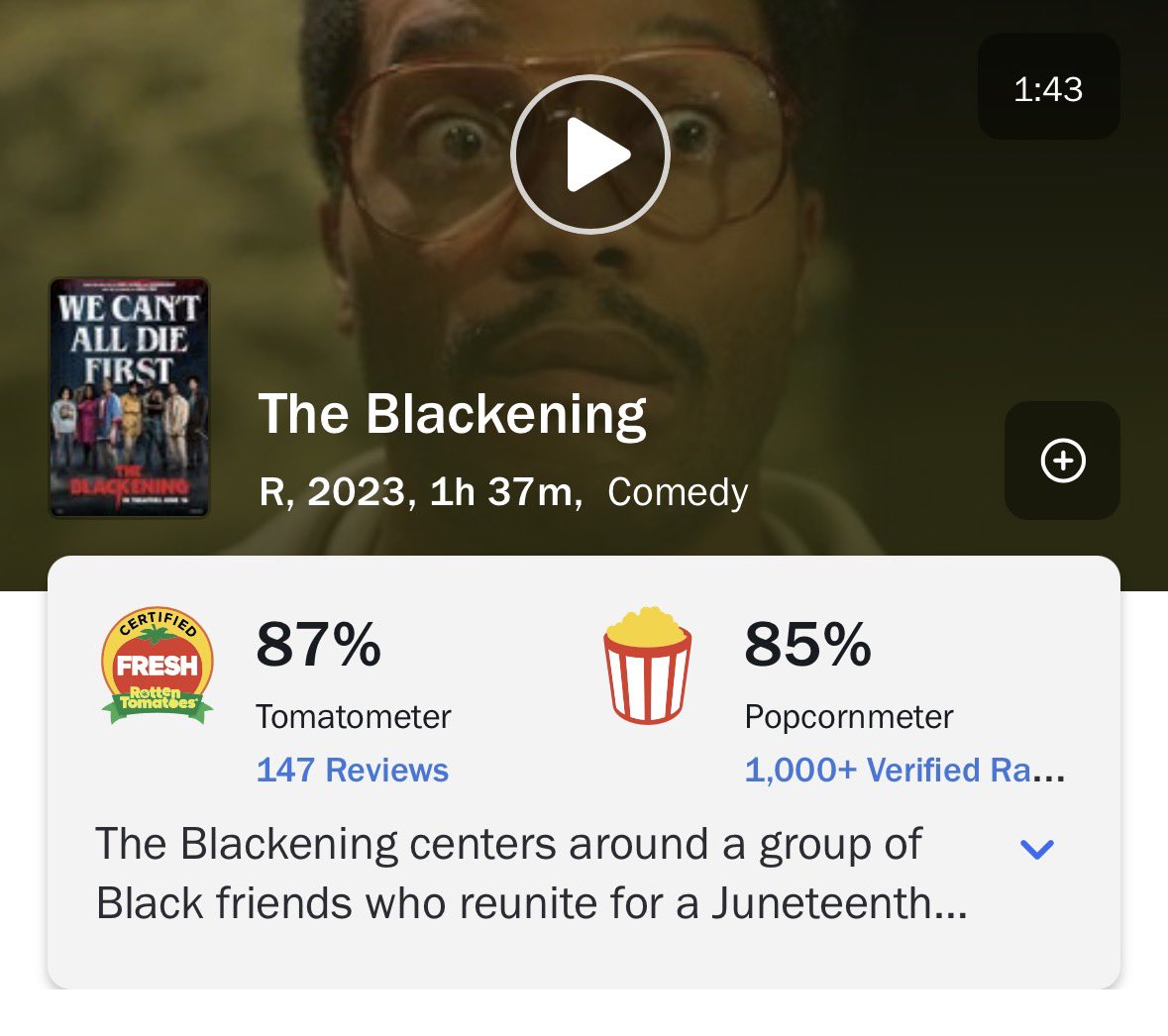 FuturaLibre's tweet photo. This one is not gonna work chief, the blackening has a better score and it has a majority black cast and director https://t.co/ZgWy1nlkTc