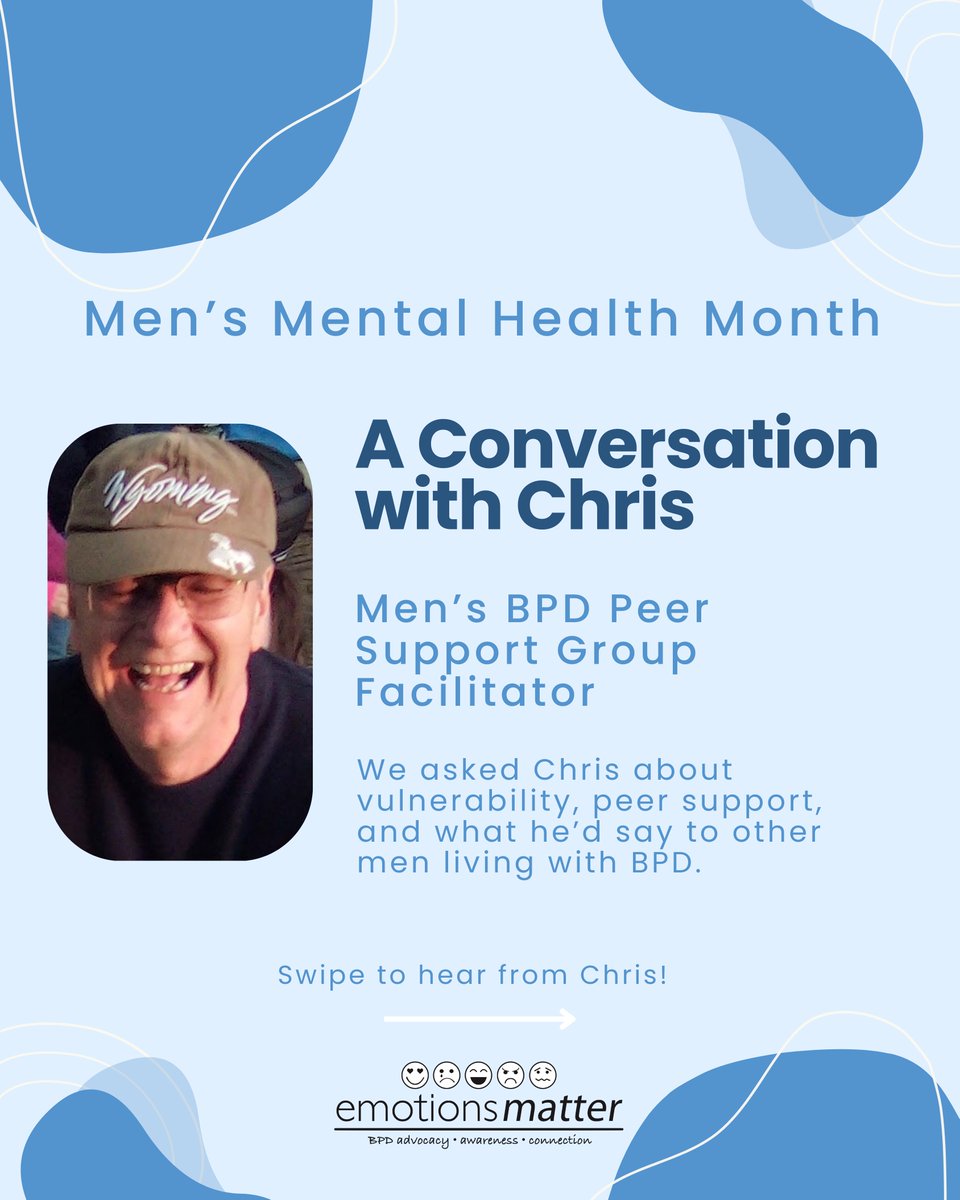 embpd's tweet photo. June is Men’s Mental Health Month. For many men living with BPD, vulnerability can feel complicated. Chris, one of our Men’s BPD Peer Support Group facilitators, shares what he’s learned about connection, recovery, and finding support along the way. Swipe through to read! https://t.co/pq1QJVSHc0