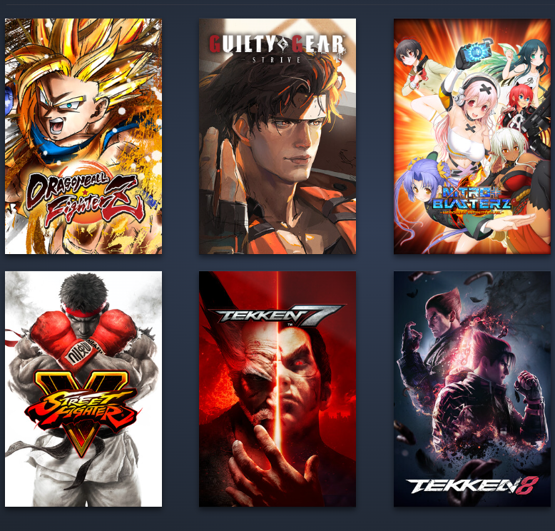 RogueDono's tweet photo. in honor of the steam sale happening rn, i'd like to give tribute to all the fighting games i own that have less than 20 hours on them bc as much as i like playing them, i'm also bad at them 🙏 https://t.co/B9Q1lwW2tP