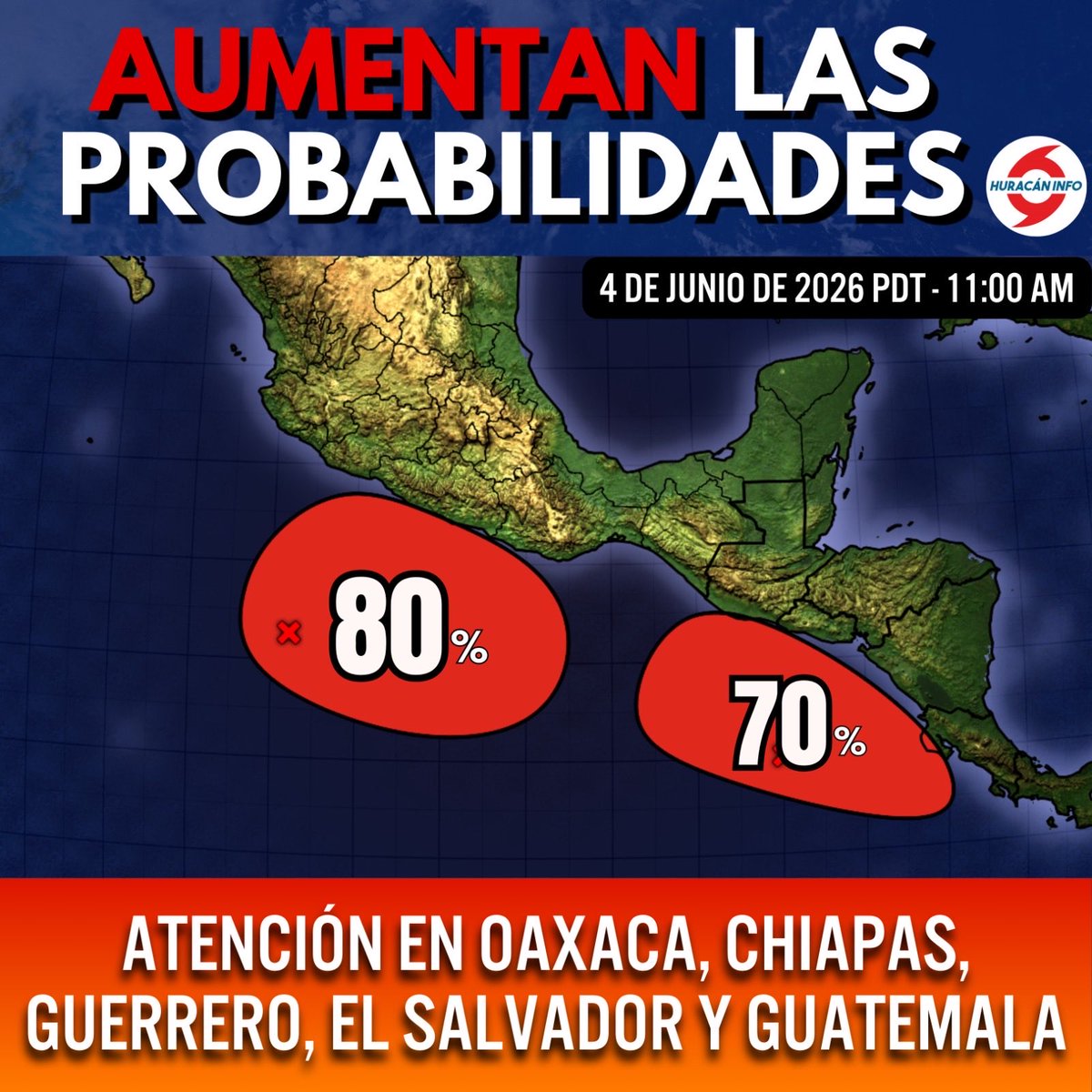 HuracanInfoCo's tweet photo. 🔴ÁREAS DE BAJAS PRESIONES CON MÁS PROBABILIDADES DE DESARROLLO EN PACÍFICO ESTE

El Centro Nacional de Huracanes vuelve aumentar las probabilidades de desarrollo de dos bajas presiones que vigilan en la zona del Pacífico Este.

Los modelos meteorológicos mantienen trayectoria muy cerca o sobre sectores de Nicaragua, Guatemala Honduras, El Salvador, Oaxaca, Guerrero y Chiapas.

Gracias,
Rubén García, Meteorólogo

#Guatemala #Nicaragua #Honduras #México