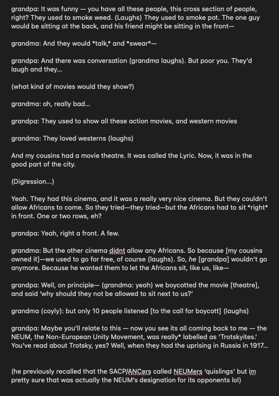 teethgnashing's tweet photo. transcribed a tiny bit.. my grandma teasing my grandpa for being the Friend Thats Too Woke for boycotting her cousins cinema (it was the only one they mentioned that allowed africans, but they could only sit in the front rows) and then my grandpa Remembering Who He Is(trotskyist) https://t.co/OKeWv1RMSh