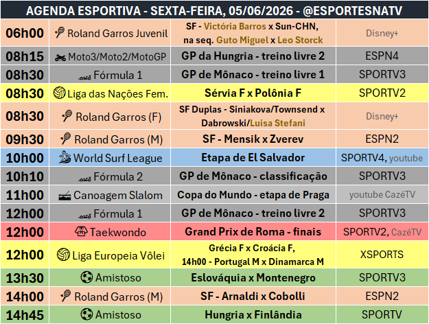 EsportesNaTV's tweet photo. A agenda esportiva desta SEXTA-FEIRA (05/06/2026) https://t.co/k9Ls1UJGfF