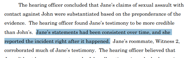 TitleIXforAll's tweet photo. If a complainant reporting an incident right after it happened in itself makes her more credible, then the reverse must also be true: that reporting it much later must - in itself - reduce her credibility. https://t.co/Kyi9dCTH4f