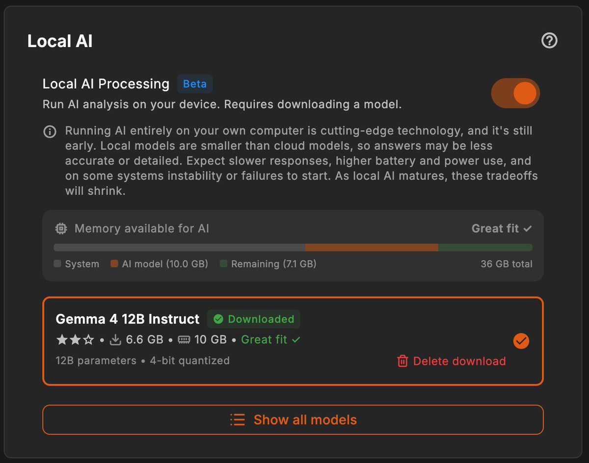 JulianPscheid's tweet photo. Testing Gemma 4 12B in @HedyAI_ now for end-to-end AI conversation processing, and it looks like we might have a new best model recommendation. It took a few overnight updates of llama.cpp to get it to run, but now it's cranking. Just had it accidentally still on during a sales call, and it was giving really solid automatic advice. Running on M4 Max 36B.
