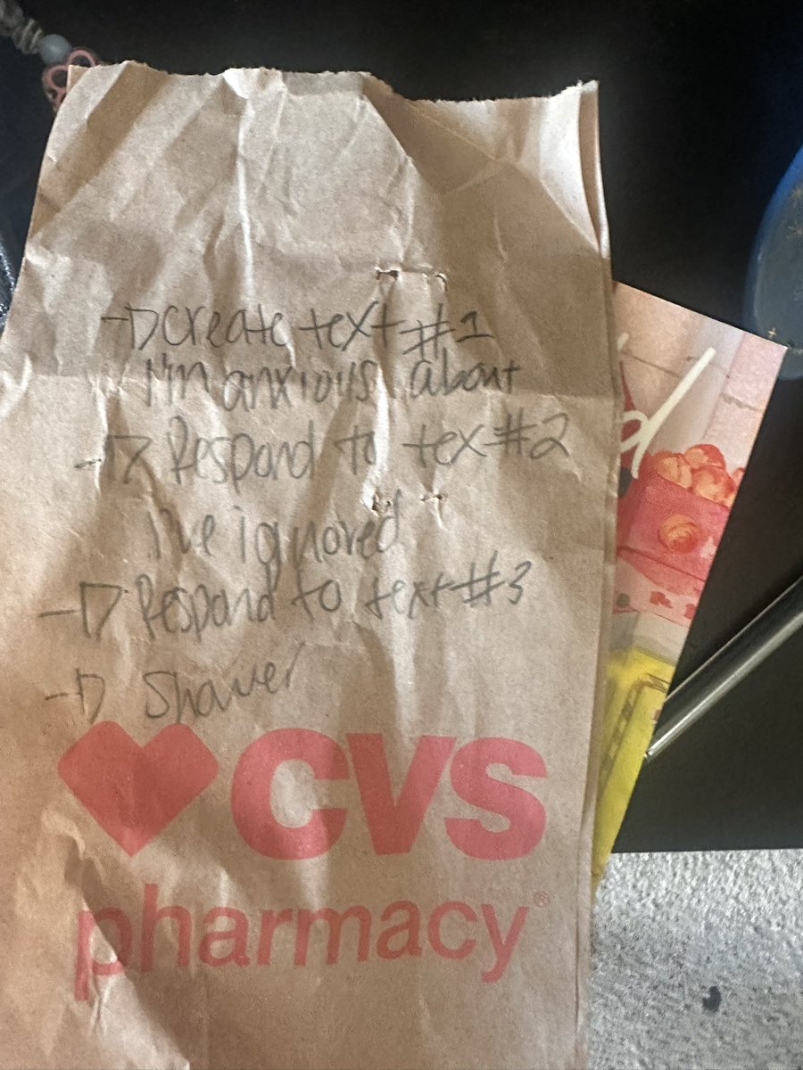 TreeTimeBek's tweet photo. Ultimate do to list on back of CVS bag containing adhd meds https://t.co/V2W3RCQdUC