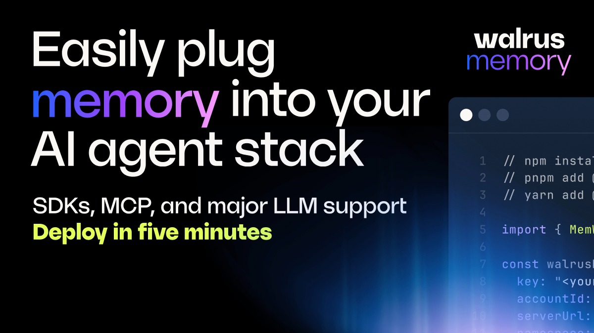 WalrusProtocol's tweet photo. Walrus Memory plugs into the tools AI agent builders already use — with SDKs, MCP support, and integrations for existing workflows.
