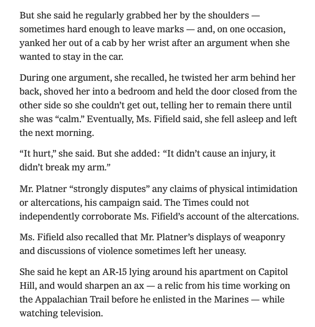 RichardHanania's tweet photo. Woman who dated Graham Platner for years says he 

-regularly grabbed her by the shoulders
-pulled her out of a car by her wrist
-once twister her arm behind her back and locked her in a bedroom until she went to sleep
-liked to sharpen his axe while watching TV
-fantasized about killing people
-declared he would rape anyone who broke into his house, but not in a gay way, only to dominate them
-referred to women as "hatchet wounds"