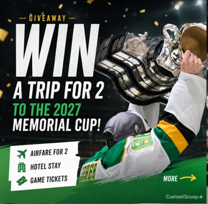ContestsScoop's tweet photo. 🏒🎟️ One lucky winner will be heading to the 2027 Memorial Cup in Guelph with airfare, hotel accommodations, and game tickets for two all included. 🍁✈️
👉 👉 https://t.co/lR9VBLWCw1

Good luck! 🍀💙

#ContestScoop #MemorialCup #HockeyCanada #SweepstakesCanada #CanadianContests https://t.co/PM98DOWi5Z