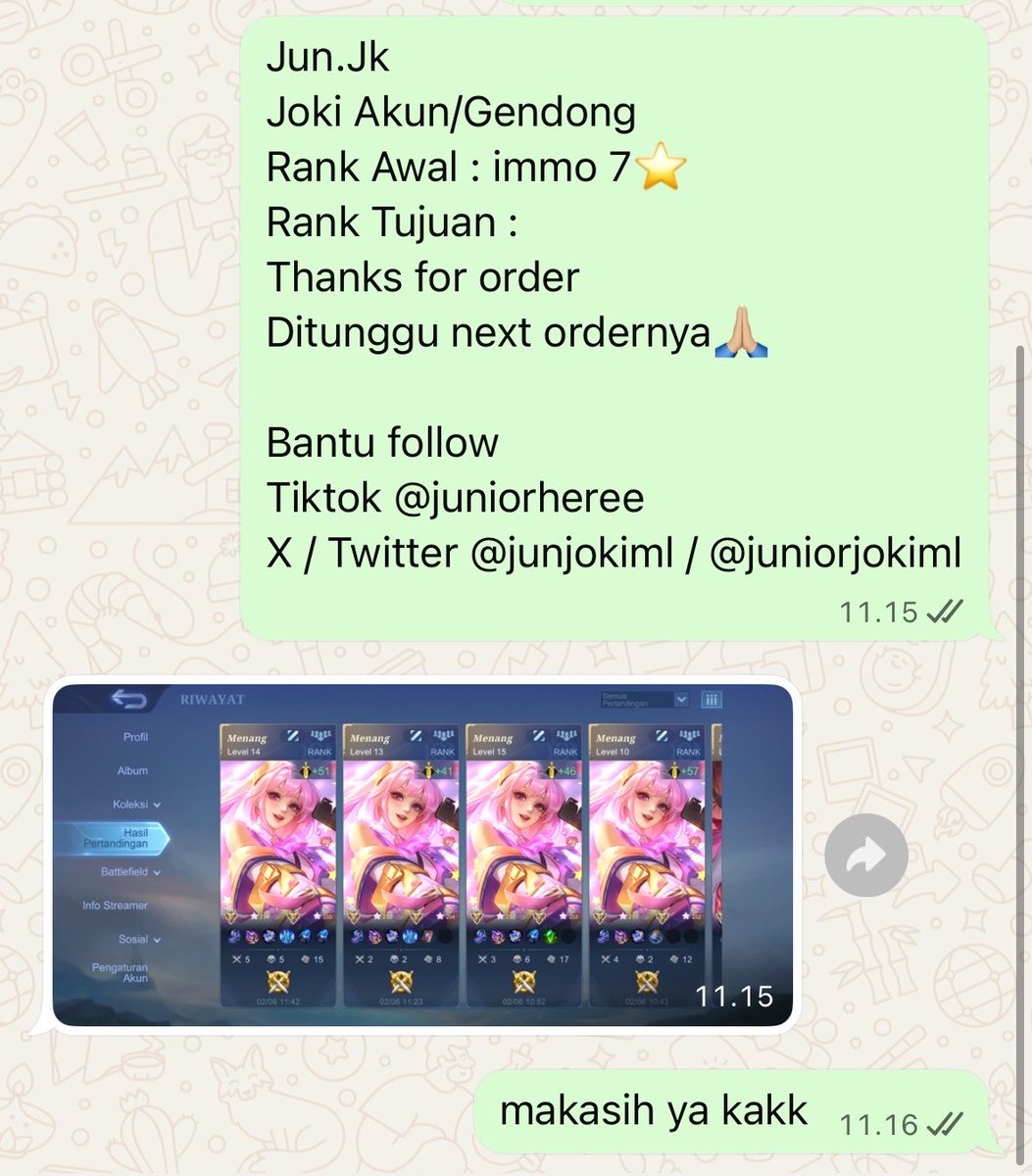 JunJokiML's tweet photo. done 

joki picjen 10⭐️
jokgen imo 5⭐️
jokgen imo 7⭐️

yang mau joki ml/gendong sung aja chat wa dibio ya https://t.co/Sh3sTyw6lV