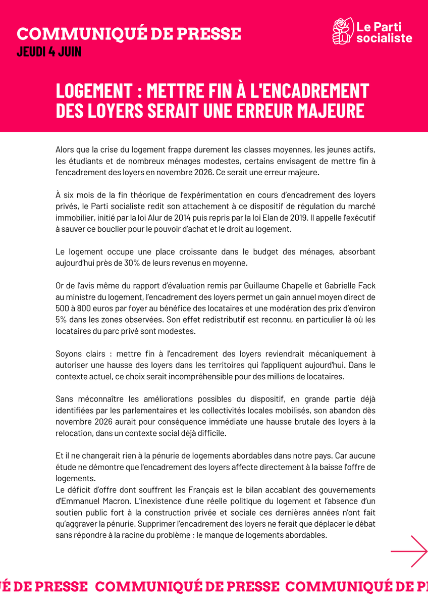 partisocialiste's tweet photo. 🔴Communiqué de presse :

Logement : Mettre fin à l'encadrement des loyers serait une erreur majeure

👉Lire la suite du communiqué : https://t.co/kA1alHfKdj https://t.co/vdhjsjZiJl