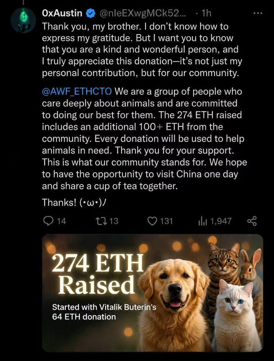 GuillermoGuilo1's tweet photo. @Lewis_Bollard @nIeEXwgMCk52639 @VitalikButerin Lewis, 0xAustin‘s account is currently restricted, so you may not be able to see his latest post or reply.

I’m sending you this screenshot to make sure you can see it: there is still 100+ ETH in the charity wallet that hasn’t been claimed yet. It can be used to help more animals https://t.co/d9FGPjOxCT