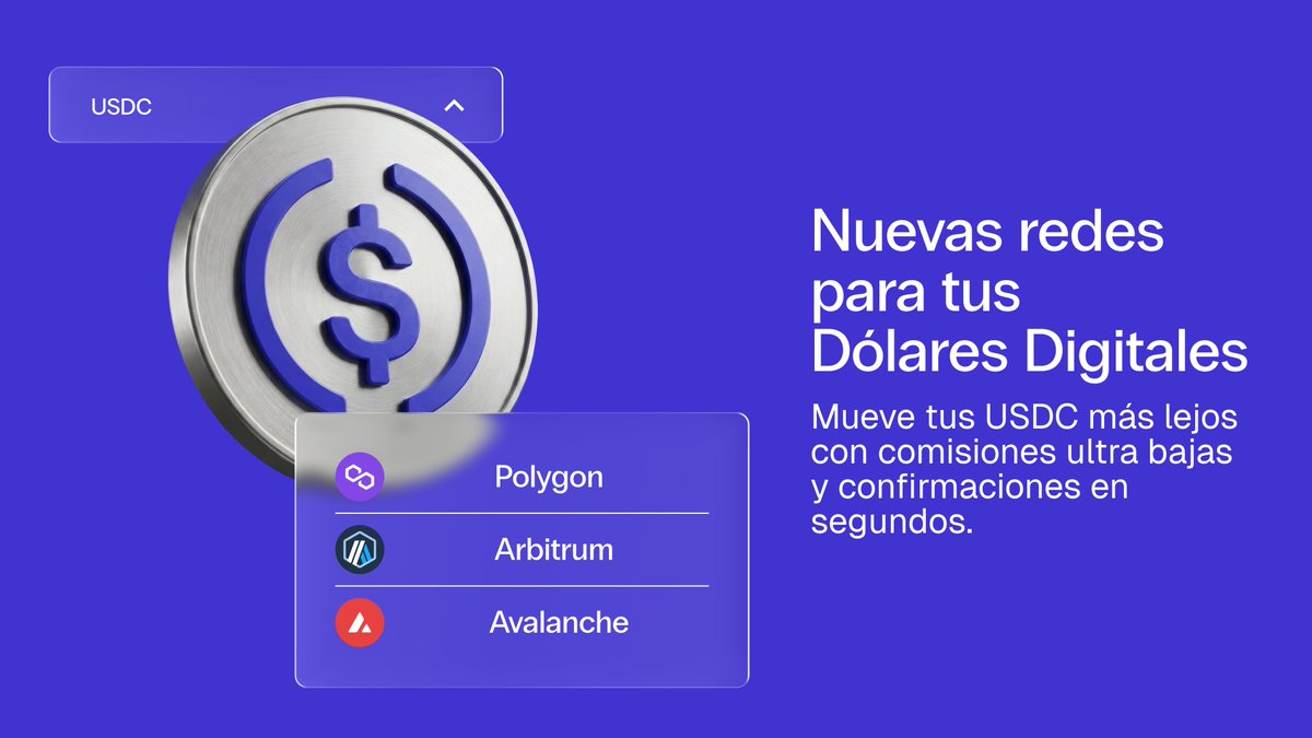 Bitso's tweet photo. ¿Cuánto pagaste la última vez que moviste USDC?

Tus Dólares Digitales ahora tienen más redes y más oportunidades. 🟣🔵🔴

Polygon, Arbitrum y Avalanche ya están en Bitso. Más redes para tus Dólares Digitales con comisiones ultra bajas y confirmaciones en segundos.

Cada nueva red es una nueva oportunidad para mover, ganar y hacer más con tus stablecoins. Todo desde la misma app en la que ya confías.