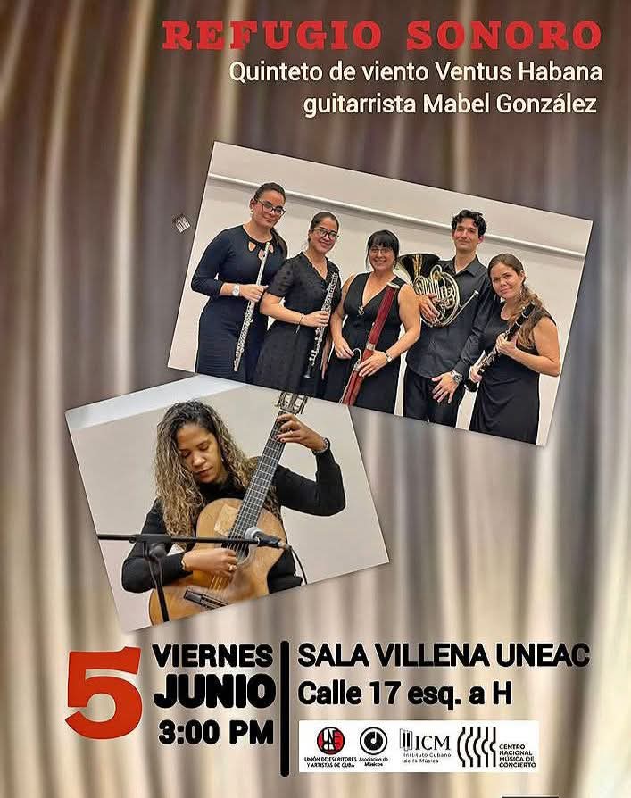 UNEAC_online's tweet photo. 📍Este viernes 5 de junio, 3:00 pm, la Sala Villena recibe a #VentusHabana, quinteto de viento dirigido por la destacada fagotista Alina Blanco.

¡No faltes!

#ArteFiel #65Uneac #100Fidel https://t.co/brmP7UJIod