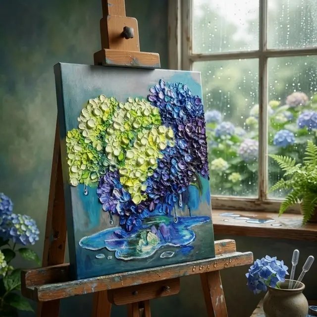 雨上がりの特等席 / 紫陽花 油絵 原画［梅雨 初夏 あじさい 壁掛け